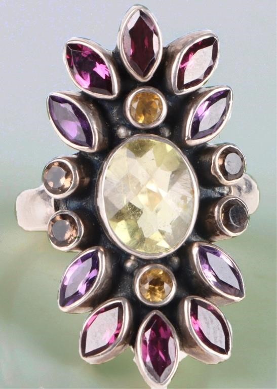 CITRINE & AMETHYST STERLING SILVER FLORAL RING
