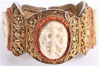 ANTIQUE SILVER CHINESE CAMEO CORAL BRACELET