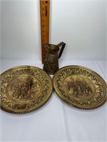 Brass Country Scene Medallion Platters & Pitcher