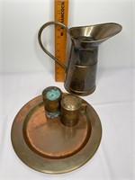 Copper Platter Two Shakers & Pitcher