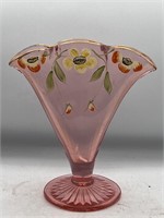 Rare pink Depression fan vase hand painted