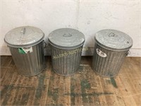 3 SMALL GALVANIZED TRASH CANS