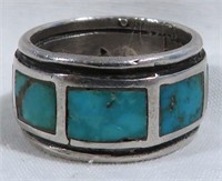 OLD PAWN NAVAJO STERLING TURQUOISE INLAY RING