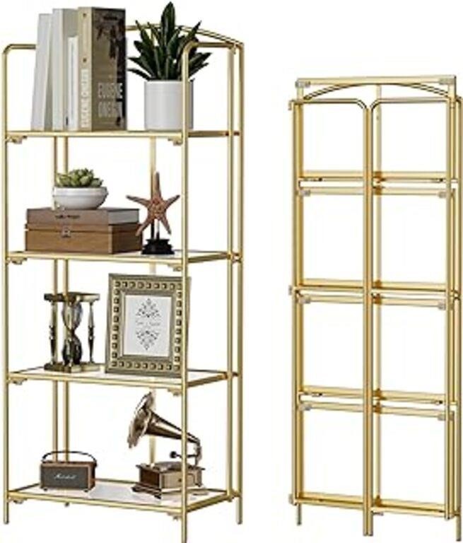 Crofy No Assembly Folding Bookshelf, 4 Tier Gold