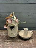 POTTERY DECORATIVE BIRD HOUSE AND CANDLE HOLDER