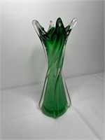 Green Art Glass Vase 12" Murano Style Swung Glass