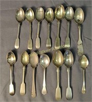 Antique Fiddle Back Spoons. Coin Silver, Silver,