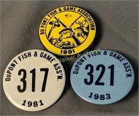 3 Dupont Fish And Game Association Buttons. 1991,