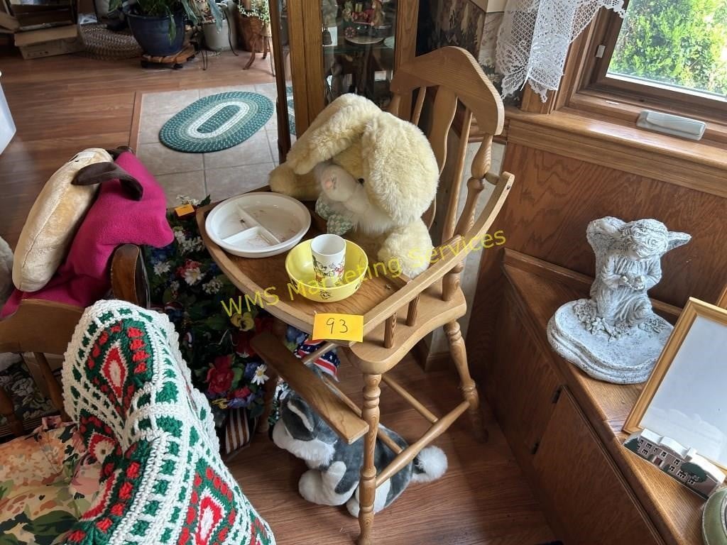 Wooden High Chair, Stuffed Animals, Etc.