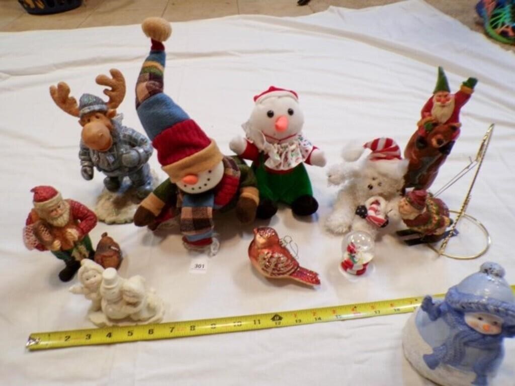 Christmas figurines, moose, santas, snowmen, bear