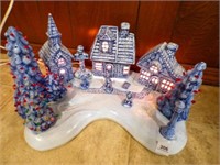 Ceramic Blue Christmas Snow Village-15" wide