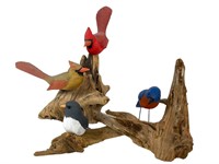 3 Folk Art Birds On Driftwood Figurines