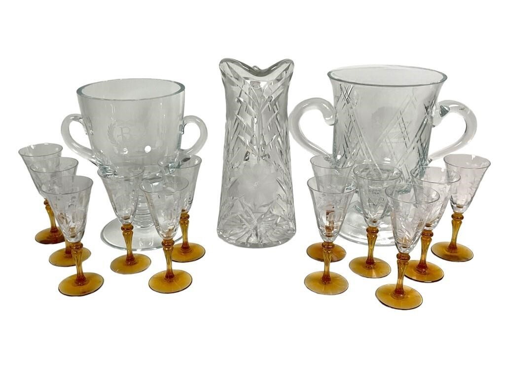 Glass Trophy Cups, Pitcher & Stemmed Glasses
