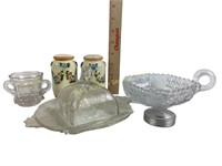 Assorted glass dishes, toothpick holder and salt
