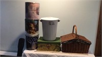 Tins, wastebasket wicker basket and decorative