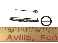 (3) antique sterling pins incl. stick pin. Total