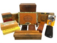 Vtg. Cigar Boxes, Leather Cases & Slide Boxes