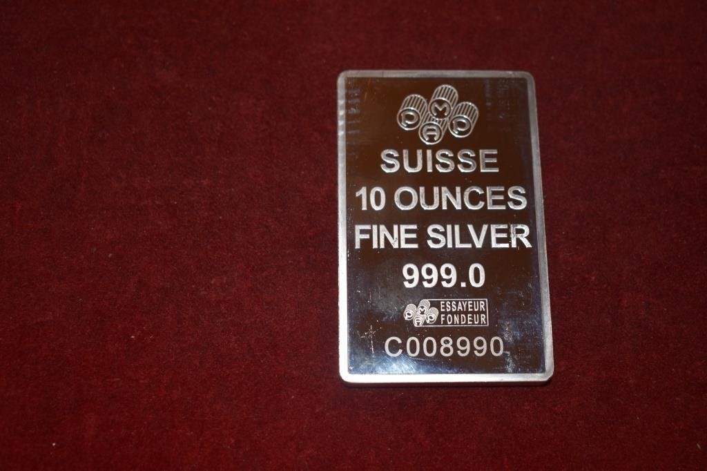 Suisse 10 oz. 999 Fine Silver bar.