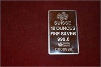 Suisse 10 oz. 999 Fine Silver bar.