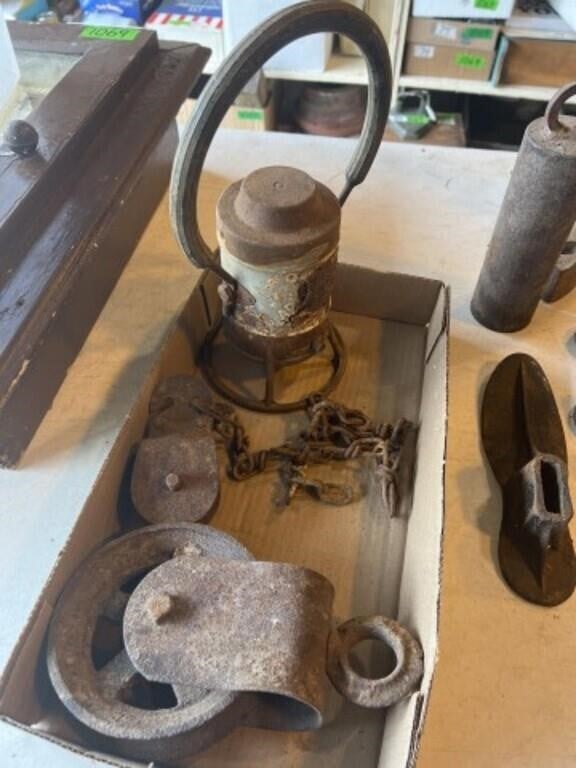 Vintage railroad lantern and pulleys- rusty