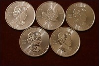 (5) 1 toz. .999f Canada Maple leaf rounds.