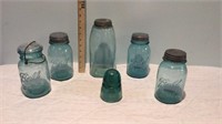 5 Turquoise Blue Canning Jars w/Lead lids &