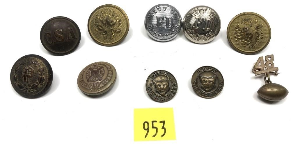 Lot, military buttons and more, 9 pcs.