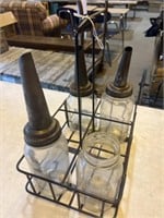 Vintage oil rack with 3 spouts and four jars