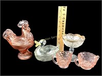 Pink depression glass Rooster covered candy dish.