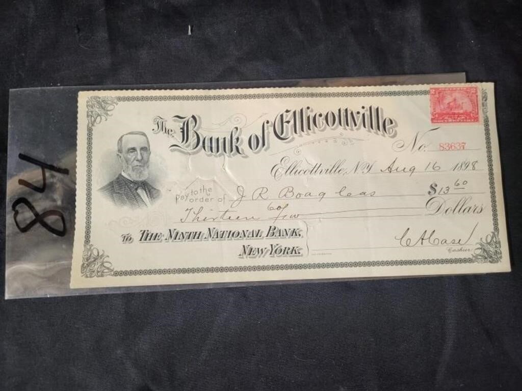 BANK OF ELLICOTTVILLE NY 1898 CHECK