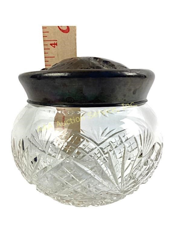 Victorian sterling & cut glass dresser jar. Good