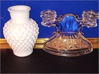 Milk Glass Vase & Clear Glass Candle Holder