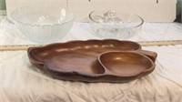 Two Glass Serving Bowls + Wooden Tray