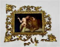 Framed Hand Painted Porcelain of Lady & Lion