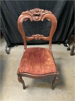 Walnut, Floral Carved Chair with Velvet Cushion