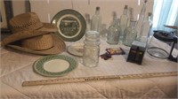 Glass Bottles, straw hats, plates and more