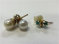 2 Pairs of 14K Earrings, 1 Pearl & 1 Green Stone