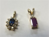 (2) 14K Pendants, 1-Sapphire & 1-Ruby w/ Diamonds