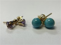 2 Pairs 14K Earrings- 1 Turquoise and 1 Amethyst