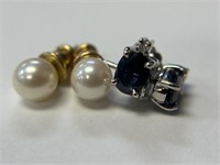 2 Pr. 14K Earrings- 1 Sapphire & Diamond, 1 Pearl
