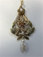 14K Victorian Lavalier with Diamond and Pearl
