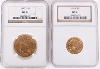 1913 INDIAN HEAD $10 & $5 GOLD 90% COINS MS61