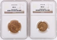 1910 INDIAN HEAD $10 & $5 GOLD 90% COINS MS61