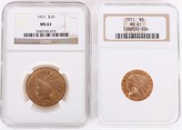 1911 INDIAN HEAD $10 & $5 GOLD 90% COINS MS61