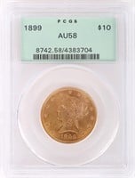90% GOLD 1899 LIBERTY HEAD $10 PCGS AU58 COIN