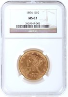 1894 LIBERTY HEAD 90% GOLD MS62 $10 COIN