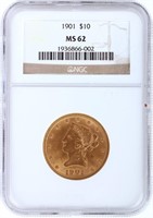 1901 LIBERTY HEAD 90% GOLD MS62 $10 COIN