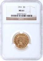 1911 INDIAN HEAD 90% GOLD COIN MS61 $5