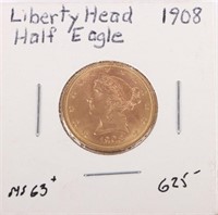 1908 $5 GOLD LIBERTY HALF-EAGLE COIN MS63