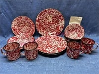 (16pcs) Red & White enamelware dishes (4-plc set)